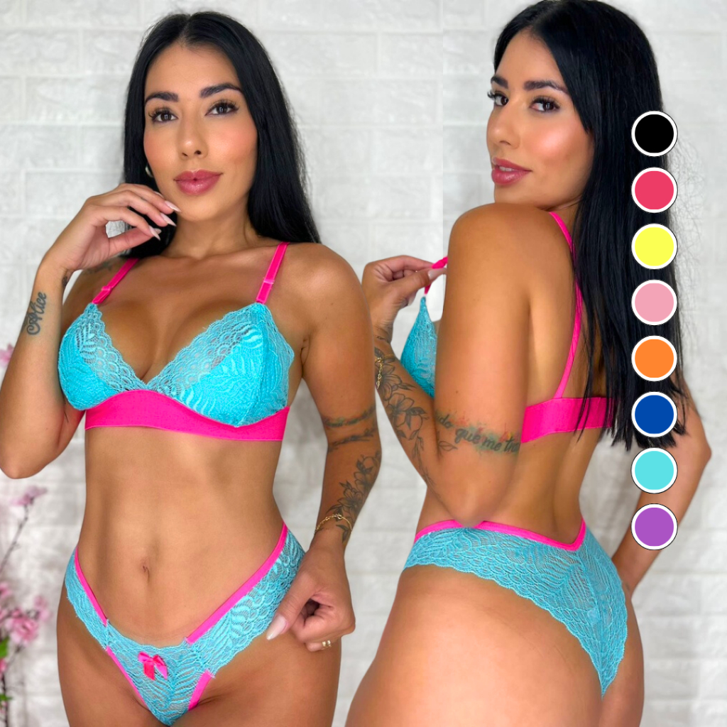 Conjunto Neon Renda Bicolor Feminino Rendado Lingerie Sexy Sensual