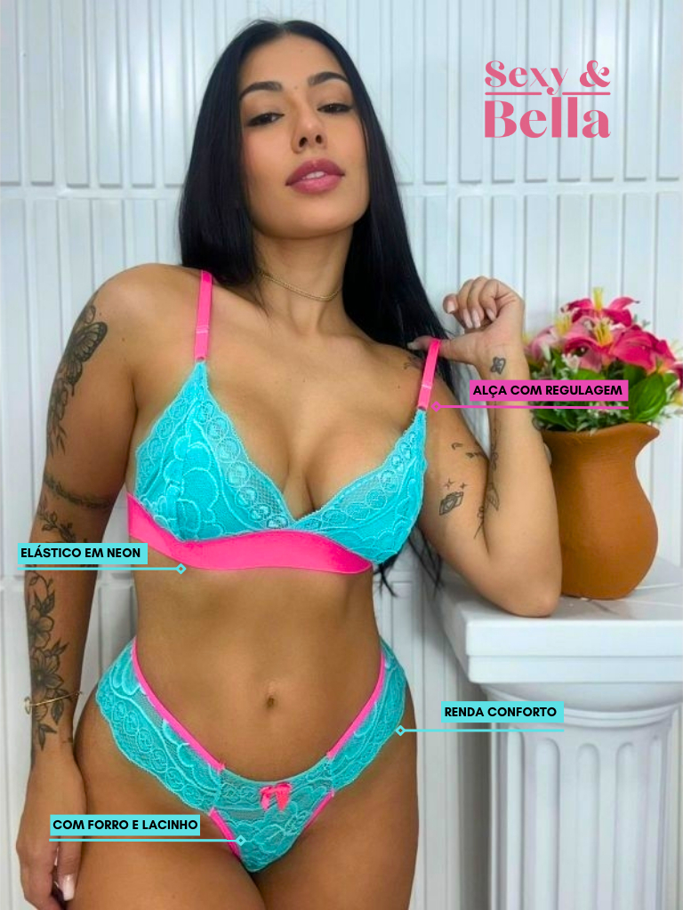 Conjunto Neon Renda Bicolor Feminino Rendado Lingerie Sexy Sensual