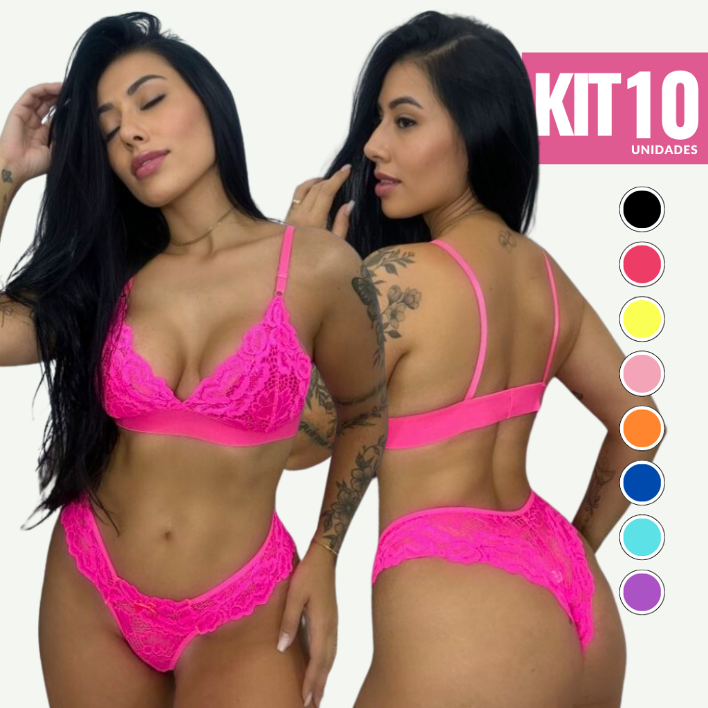 Kit Conjuntos Renda Lingerie Neon Bicolor Revenda Feminino Conforto