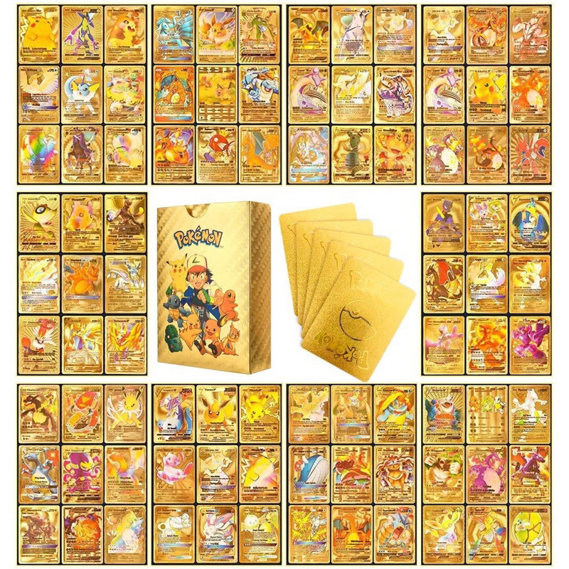 Cartas de pokemon 55 peças ouro prata preto inglês jogo folha de ouro