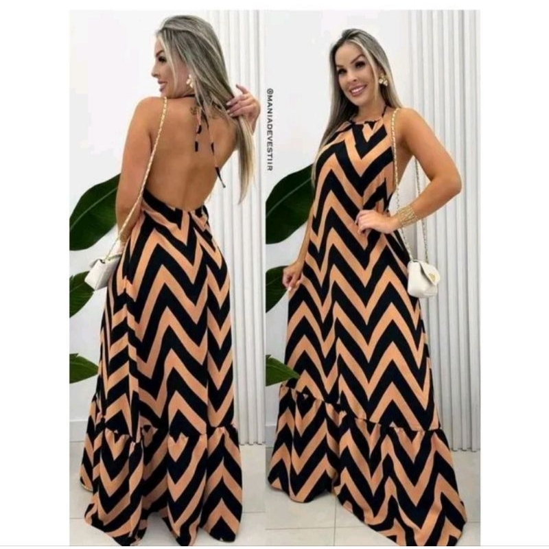 Vestido Longo Frente Unica Listrado Bojo Lisso PRETO Y BEGE