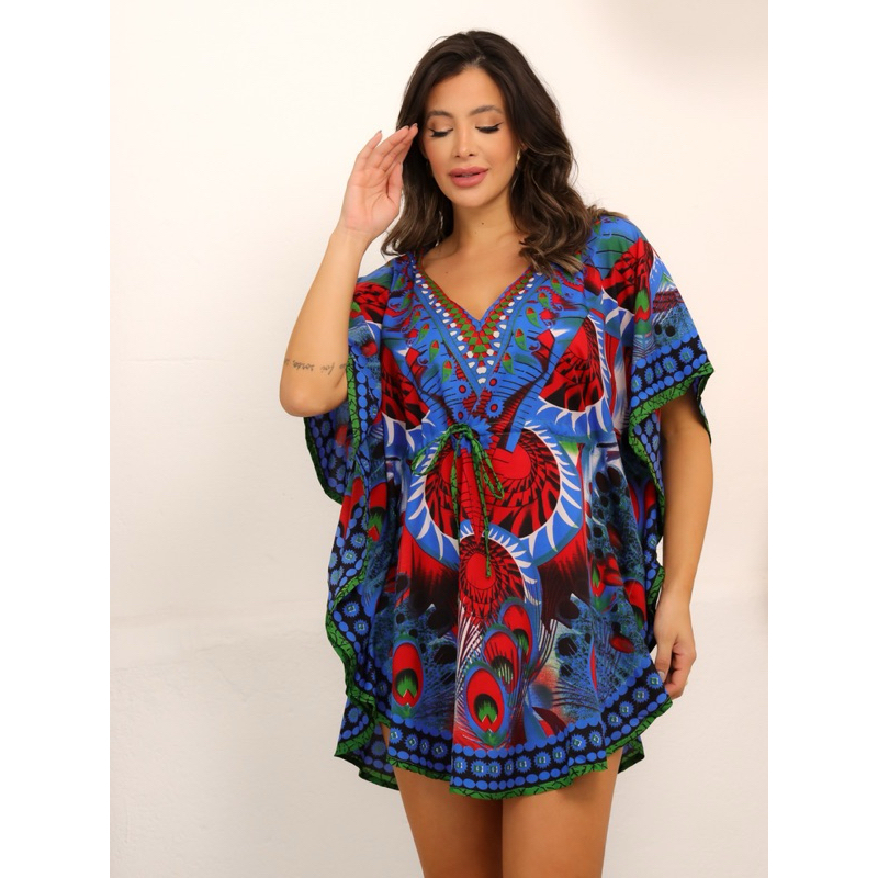 Vestido Curto Kaftan Indiana Saida De Praia Plus Size Tamanho Grande