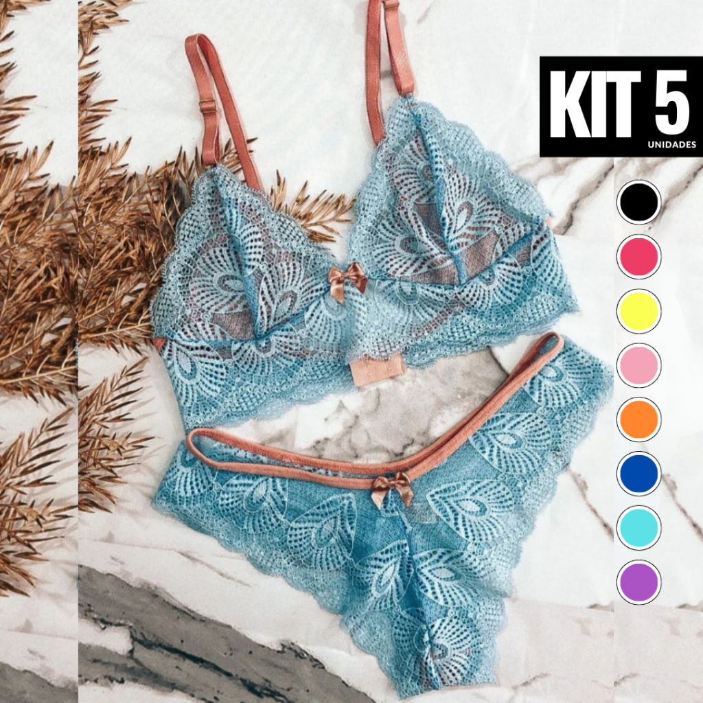 Kit 5 Conjuntos Lingerie Bicolor Calcinha e Sutiã Feminino Sexy Sensual
