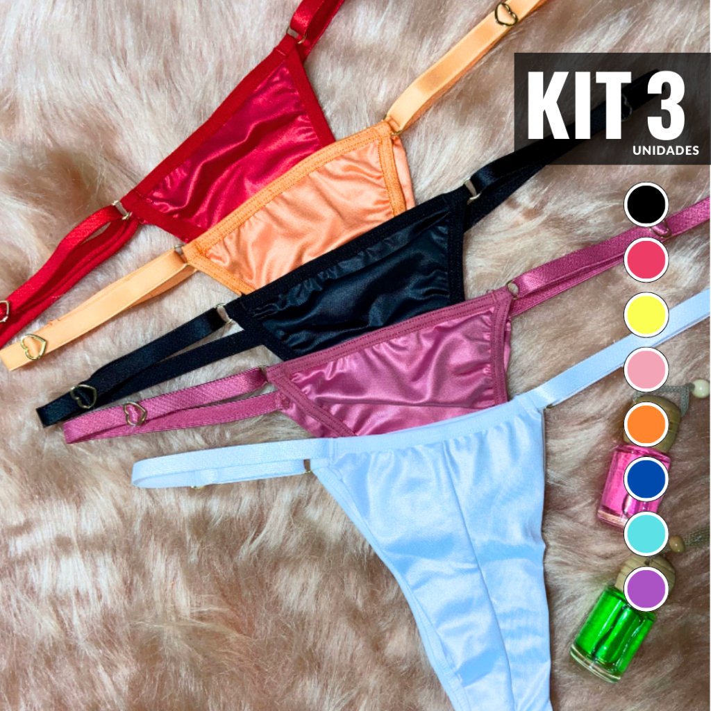 kit 3 Calcinhas Fio Duplo Lingerie Sexy Tanga Coração Namorados