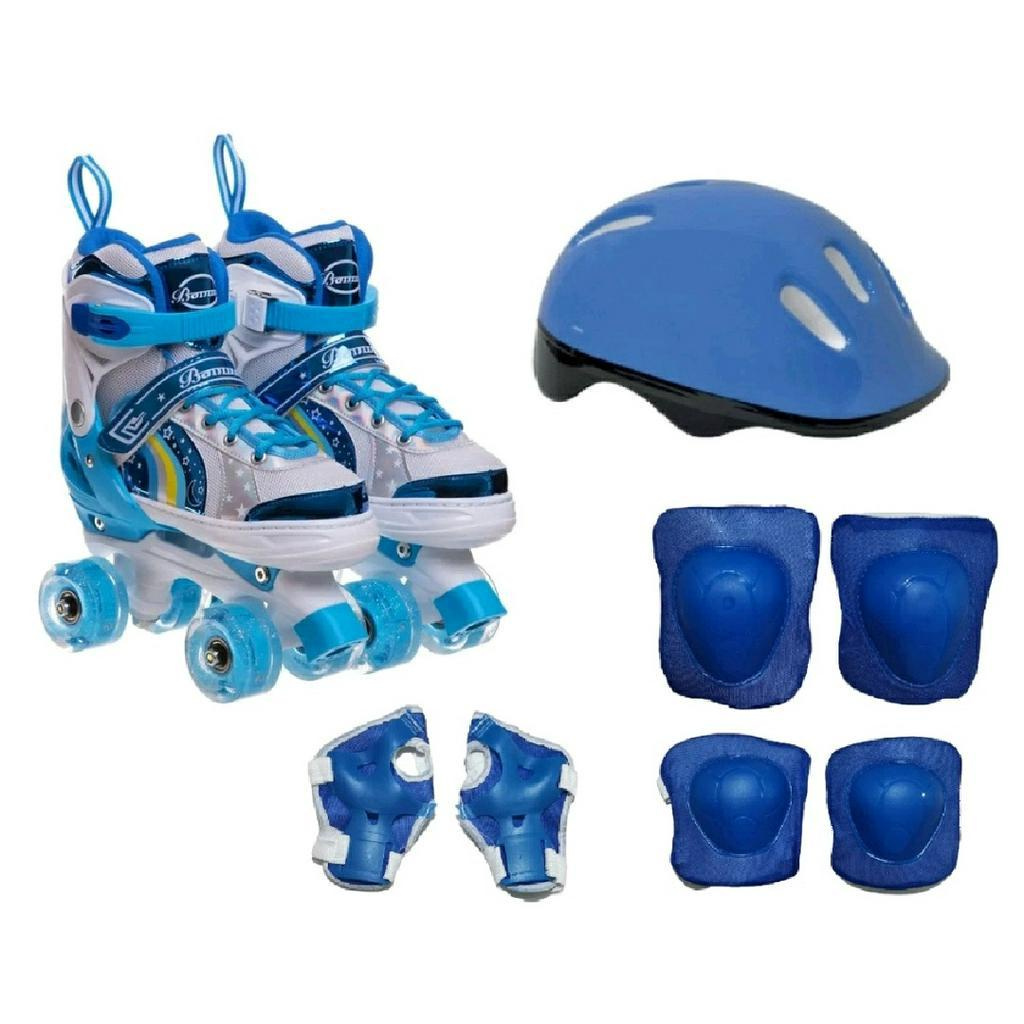 Patins Infantil Quad Arco Iris Led Azul Menina Menino Tamanho Ajustavel