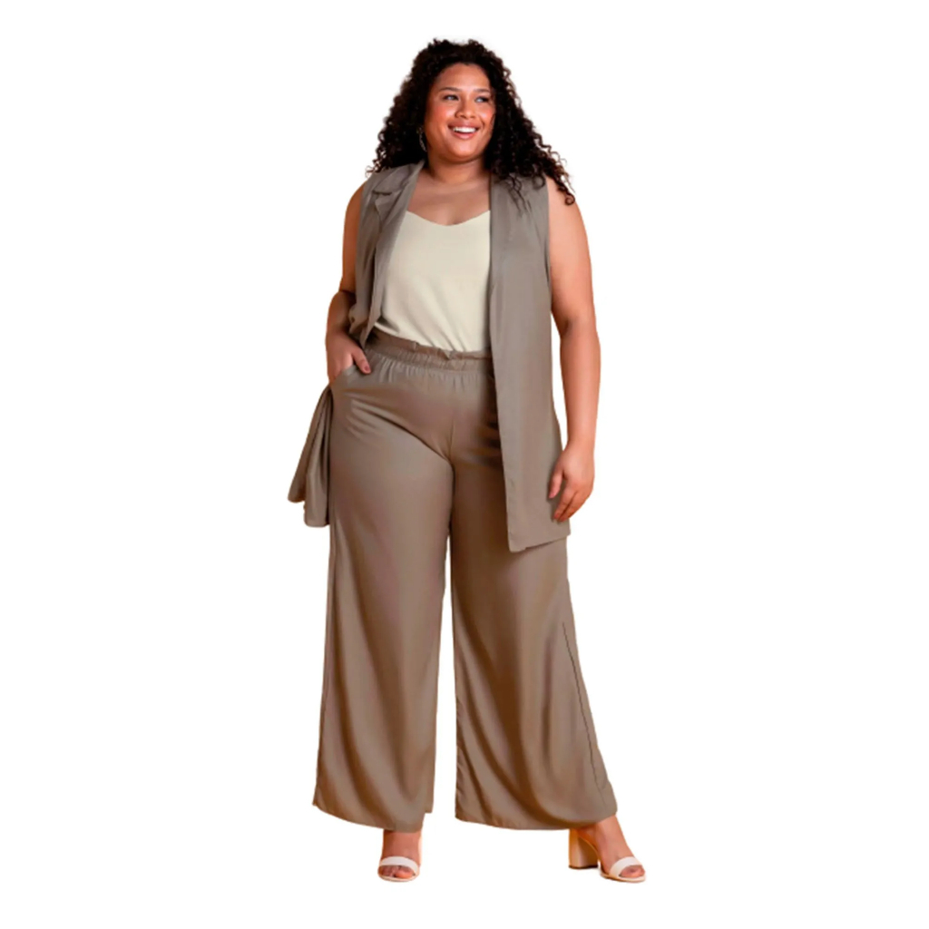 Calça Pantalona Plus Size Duna Feminina Elástico Na Cintura Costura