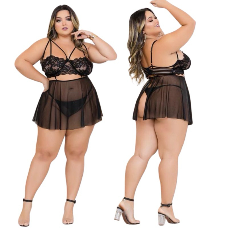 Camisola Sexy Lingerie Plus Size Renda E Tule Calcinha Fio Duplo