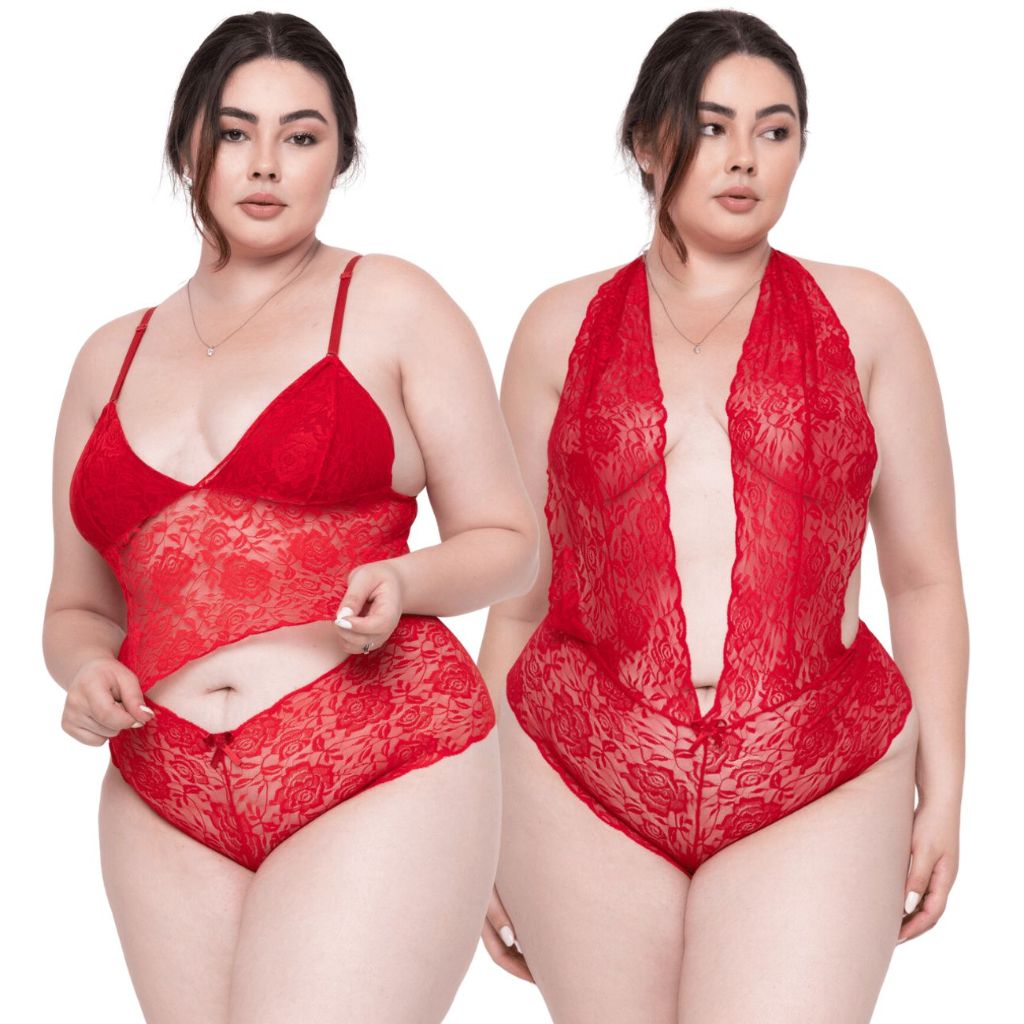 Kit Sexy Plus Size Conjunto e Body de Renda Lingerie Moda Íntima Top Calcinha Caleçon Calesson