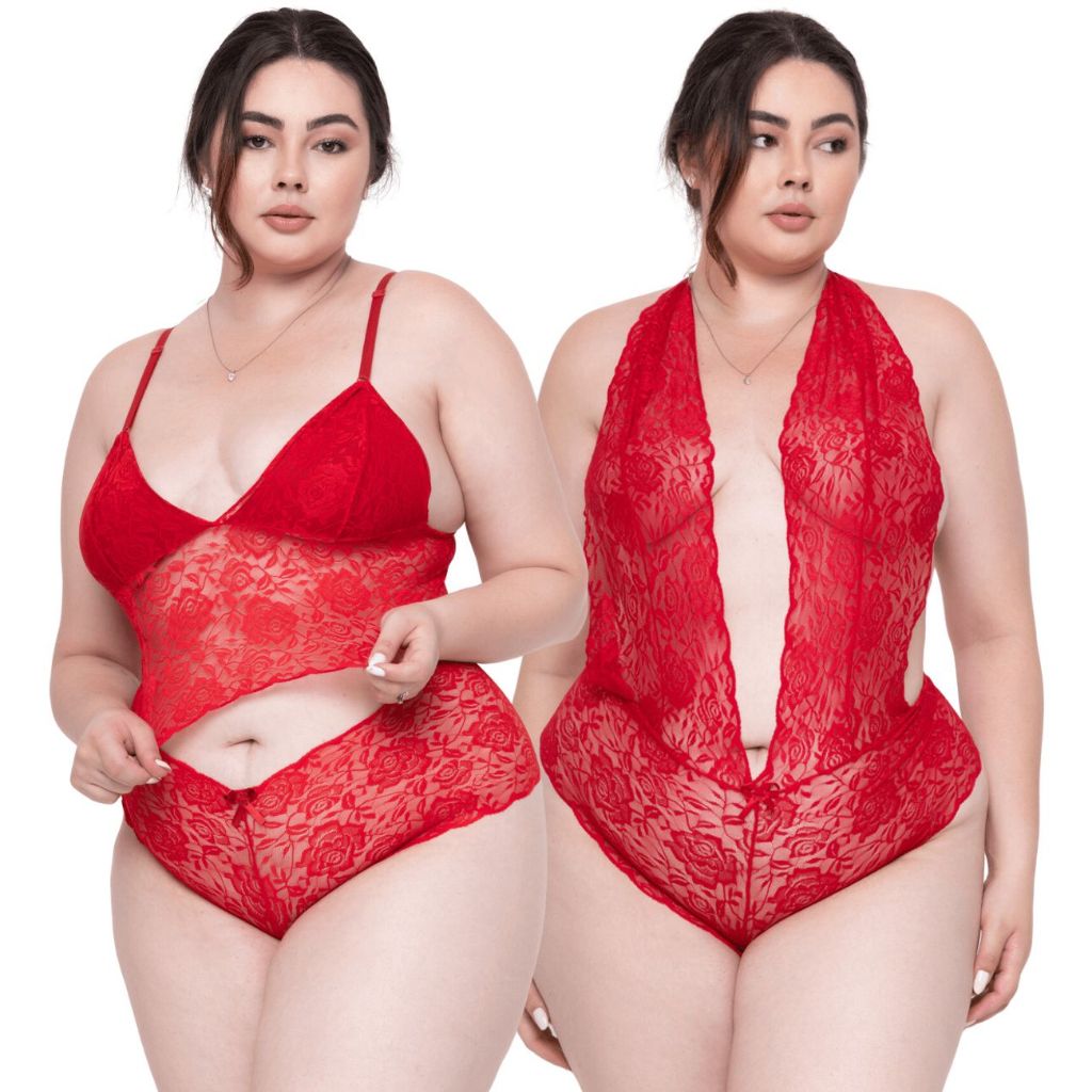 Kit Sexy Plus Size Conjunto e Body de Renda Lingerie Moda Íntima Top Calcinha Caleçon Calesson