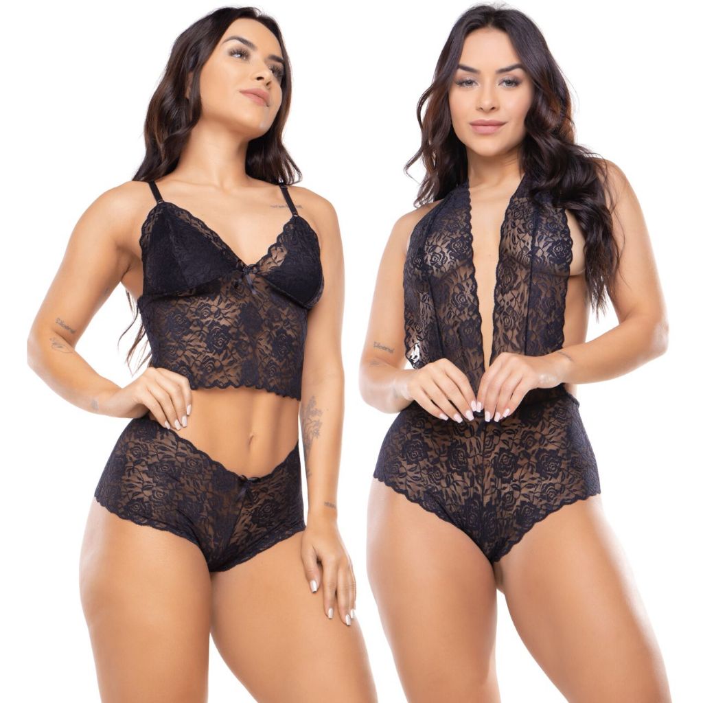 Kit Sexy Conjunto e Body de Renda Lingerie Moda Íntima Top Calcinha