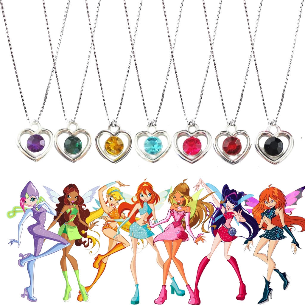 Colar Winx Club Fadas Pingente de Coração Coloridos Corrente de Aço