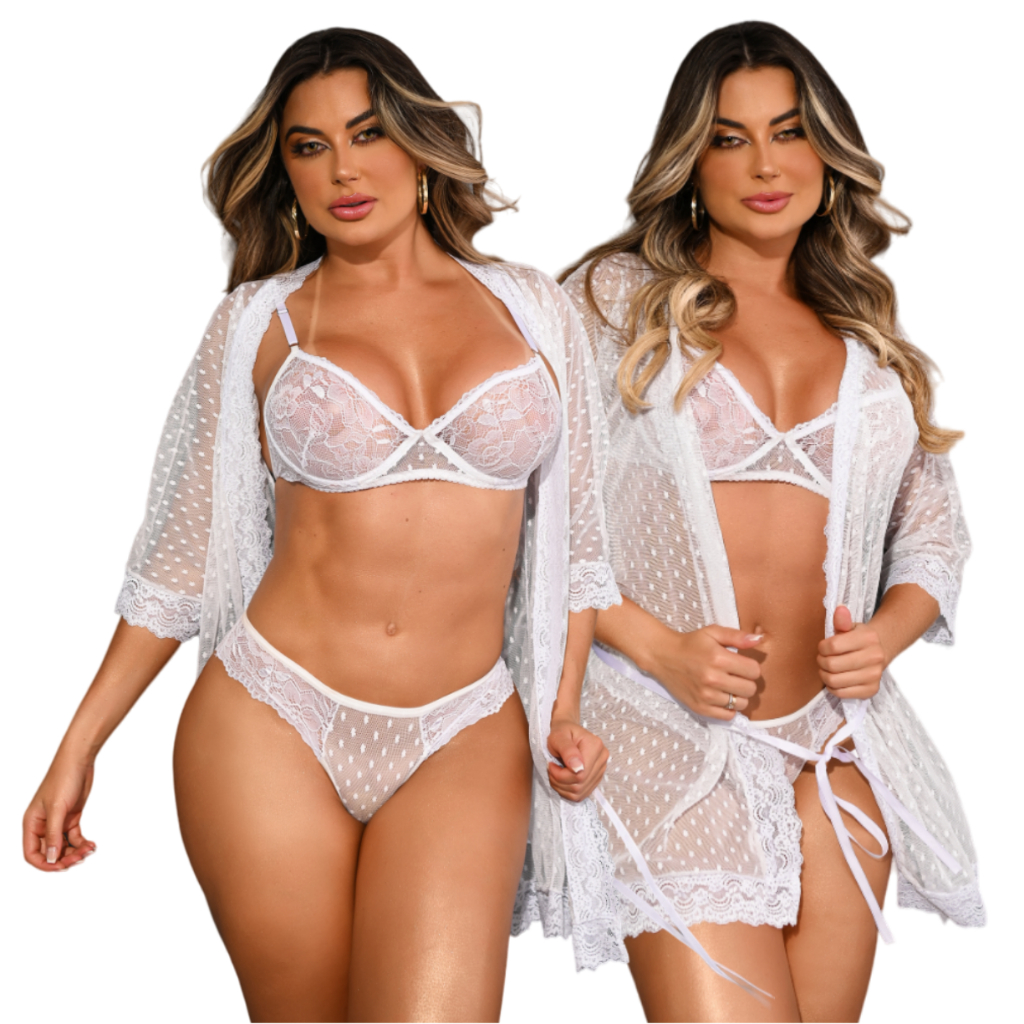 Conjunto Lingerie Feminina Robe Calcinha Fio Dental e Sutiã Renda