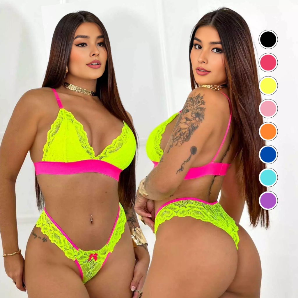 Conjunto Bicolor Neon Renda Feminino Rendado Lingerie Sexy Sensual