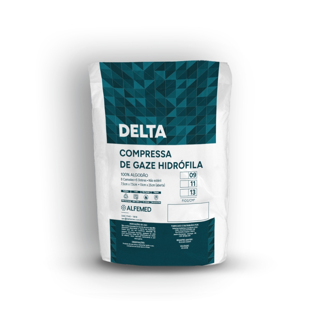 COMPRESSA DE GAZE HIDRÓFILA 09 FIOS DELTA180G PACOTE DESCARTAVÉL