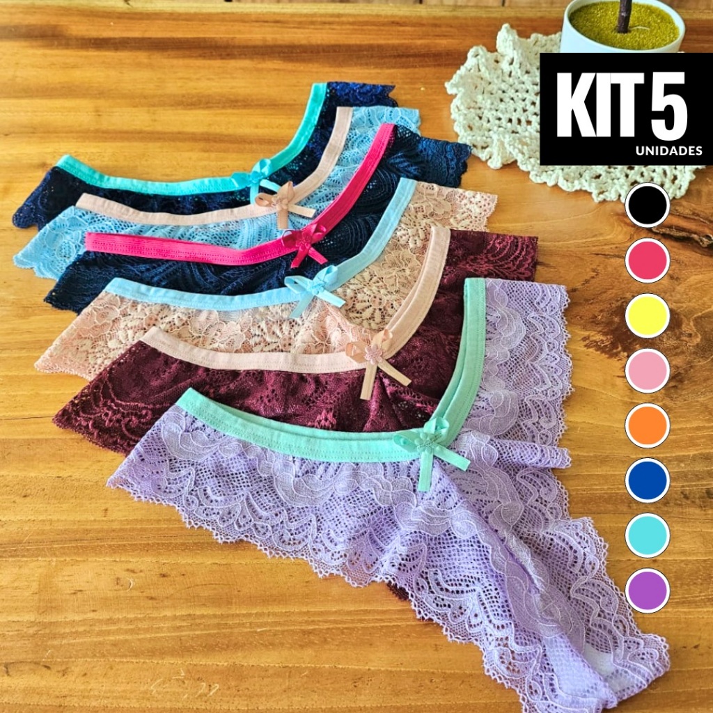 Kit Calcinha Bicolor Renda Sexy Lingerie Sensual Forro Conforto