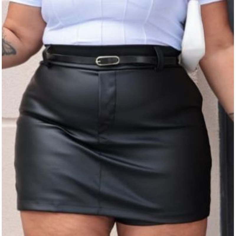 Short Saia Plus Size Acompanha O Cinto Couro Fake Courino Adulto Moda