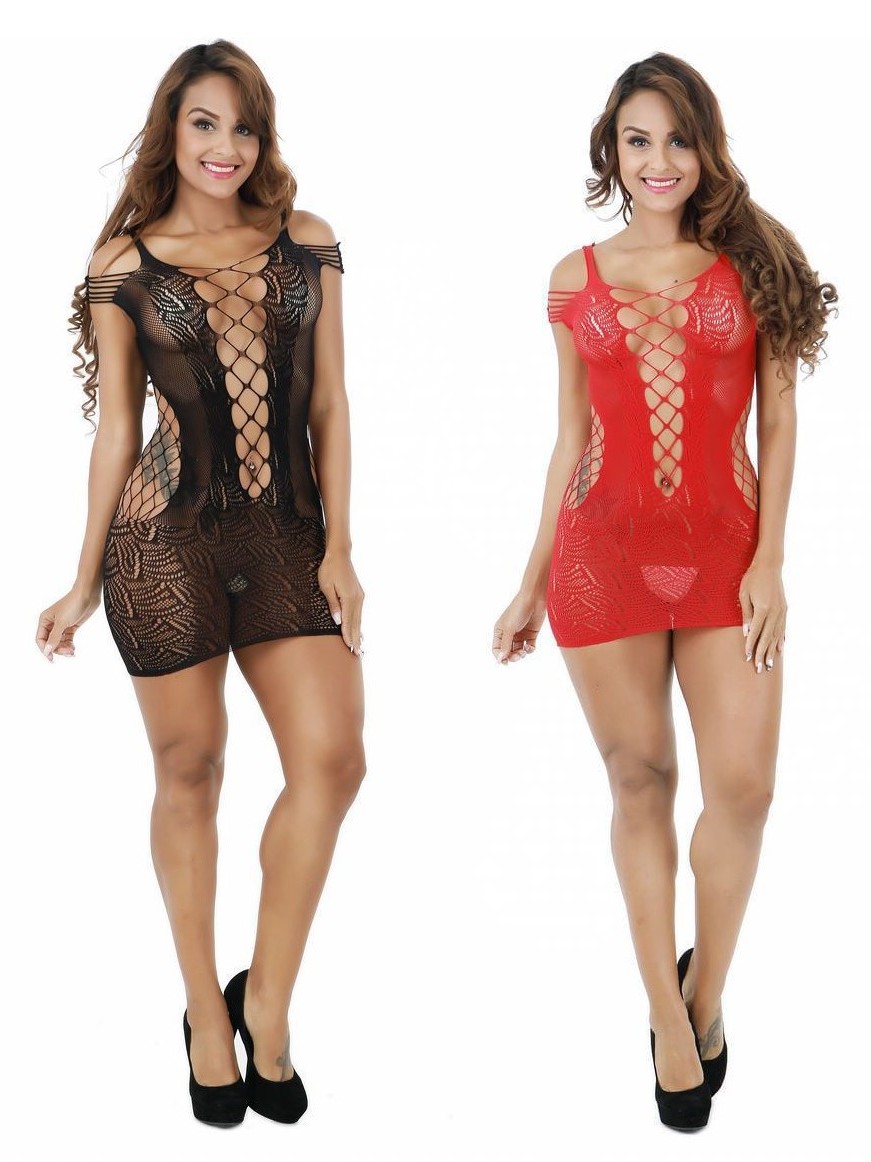 Vestido Lingerie sexy listrada saia arrastão preto ou vermelho Shopee