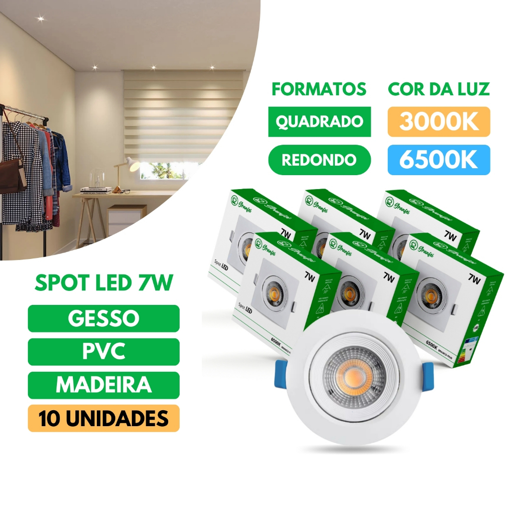 10 Luminária Spot 7W Embutido LED Quadrado Redondo Bivolt Cores Branco