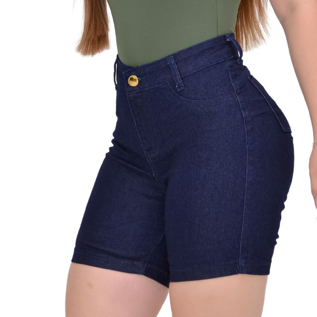 Bermuda Meia Coxa Jeans Feminina Lycra Empina Bumbum Cintura Alta