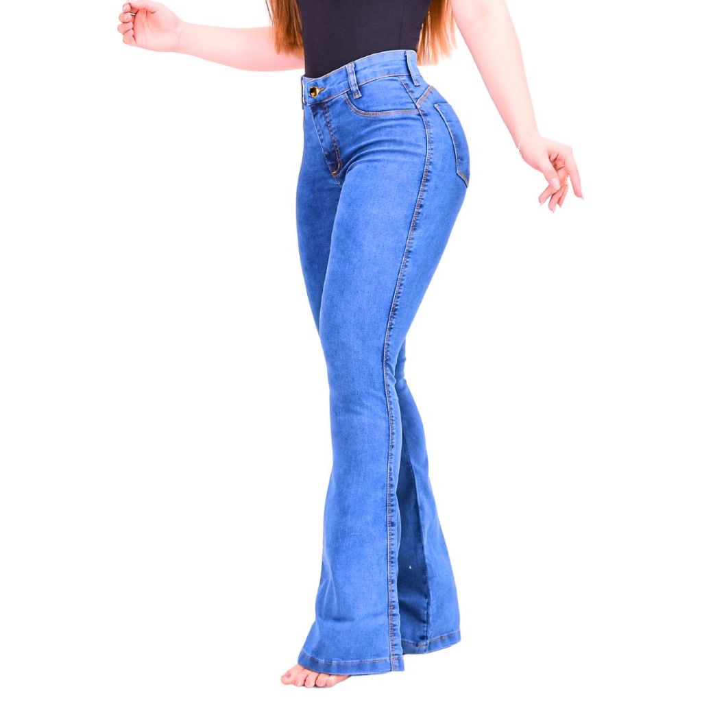 Cal A Jeans Feminina Flare Cos Alto Levanta Bumbum Lycra Boca De