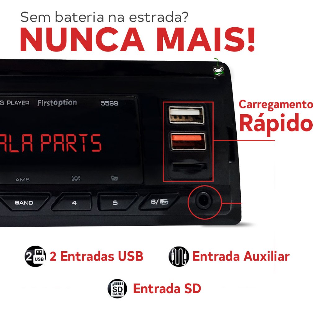 Rádio Som Automotivo MP3 C Bluetooth 2 USB s Aux Pen Drive 1 Din