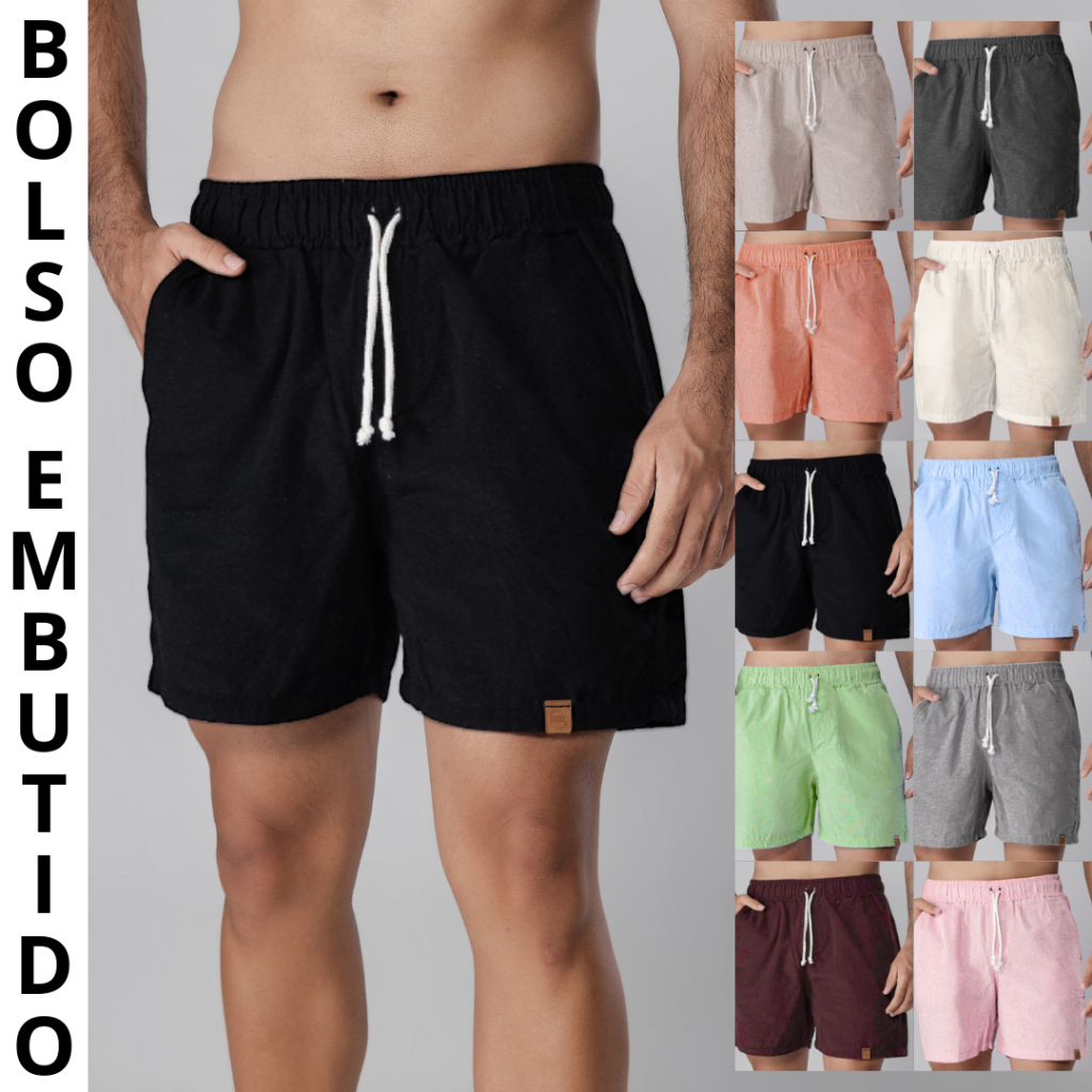 Short Mauricinho Bolsos Embutido Em Brim Fio Tinto Linho 3 Bolsos