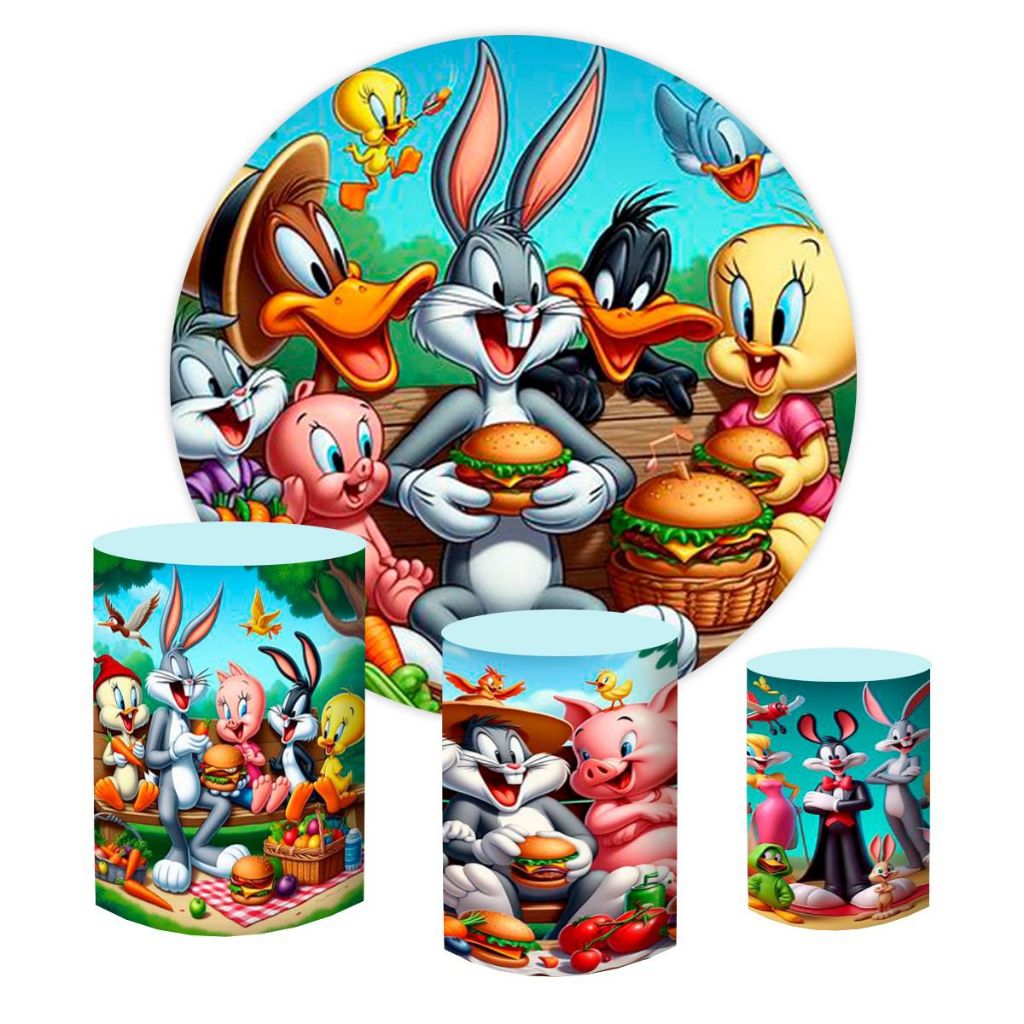 Painel Redondo Looney Tunes Capas Cilindros Tecido Sublimado Looney