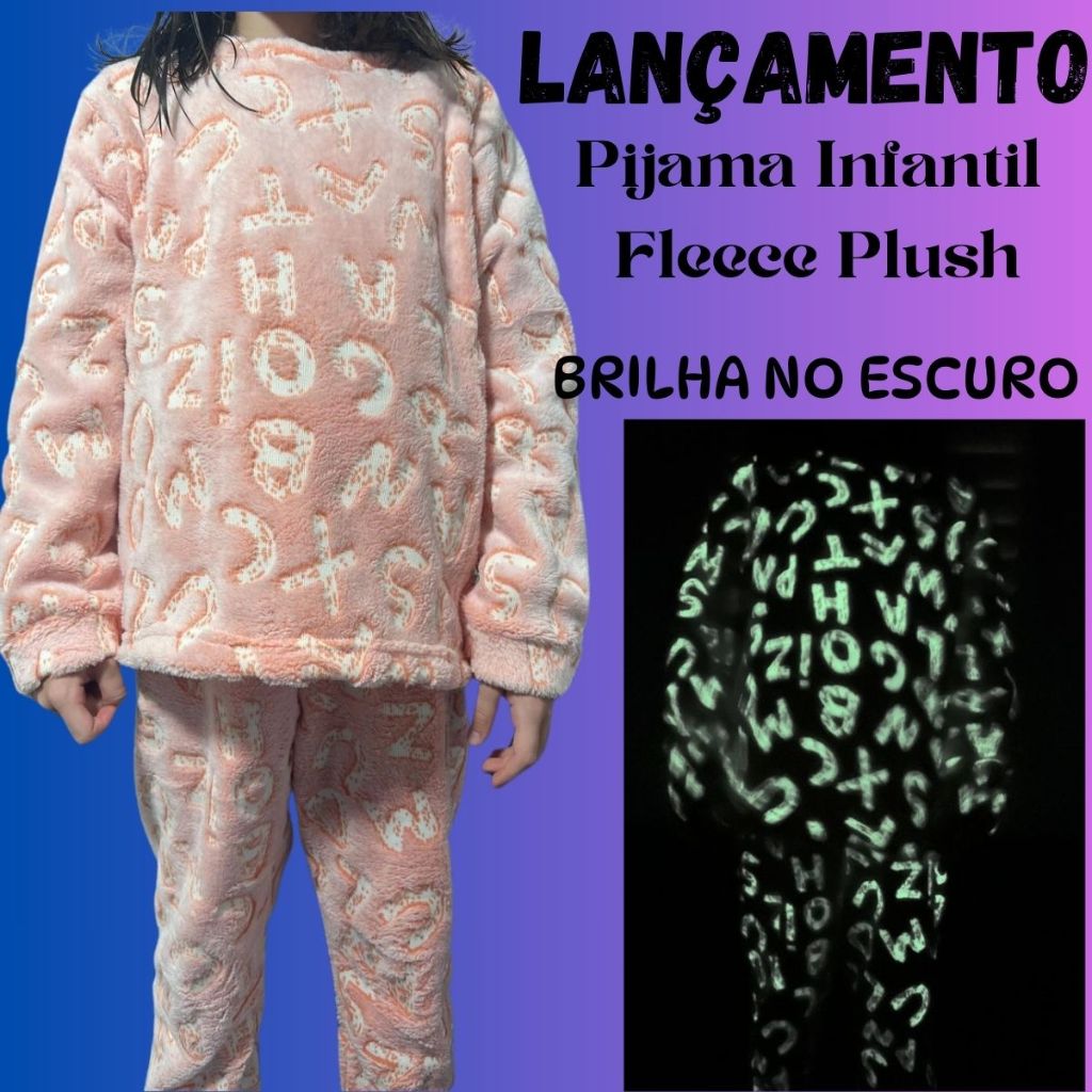 Pijama Soft Infantil Plush Menina Menina Brilha No Escuro Conjunto