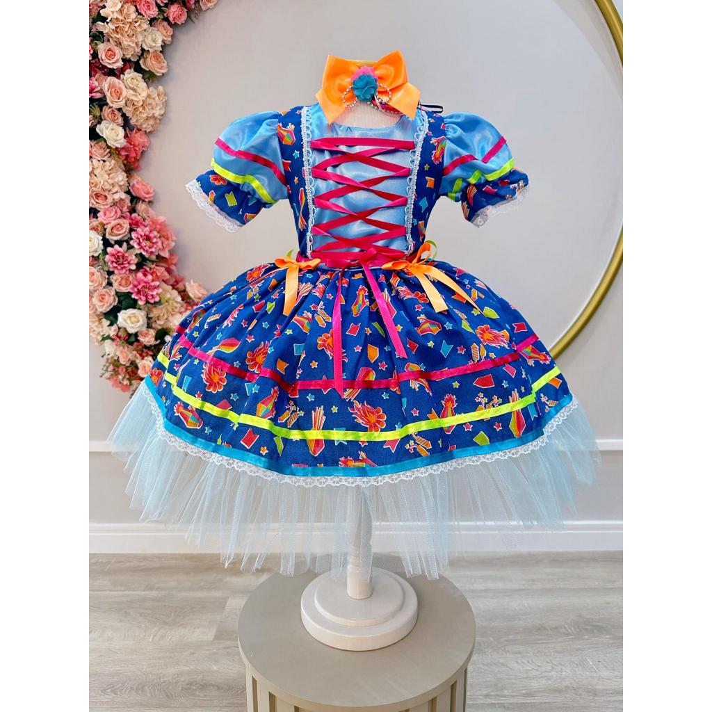 Vestido Infantil Festa Junina Caipira Azul Flores Laços Tule Quadrilha