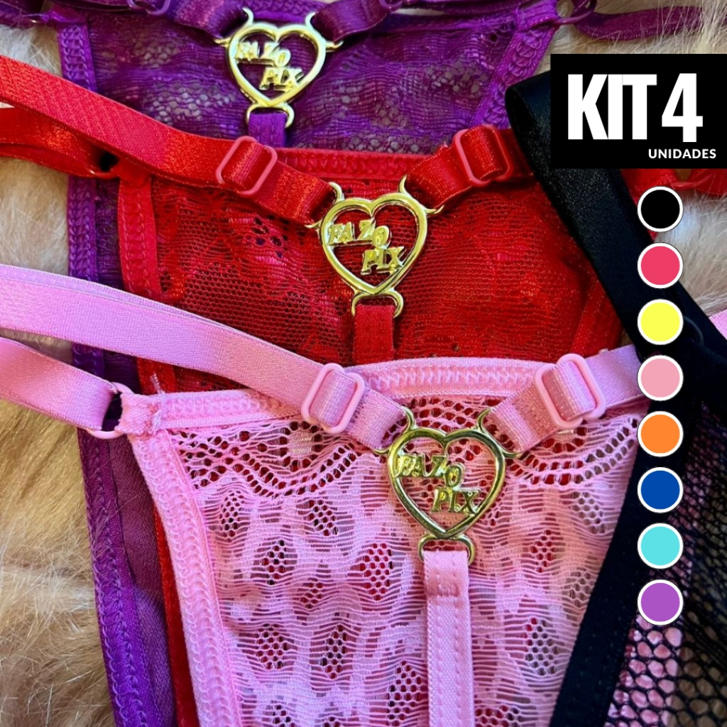 Kit 4 Calcinhas Lingerie Tangas Coração Rendada Sexy Sensual