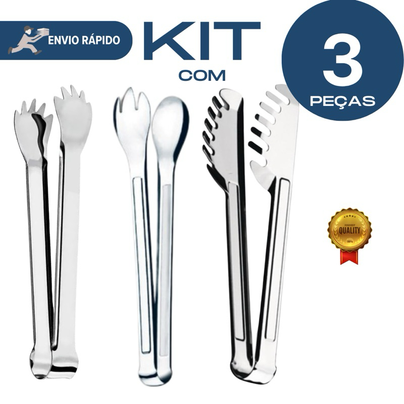 KIT 03 PEÇAS CONJUNTO PEGADORES DE MASSA SALADA E GELO EM AÇO INOX