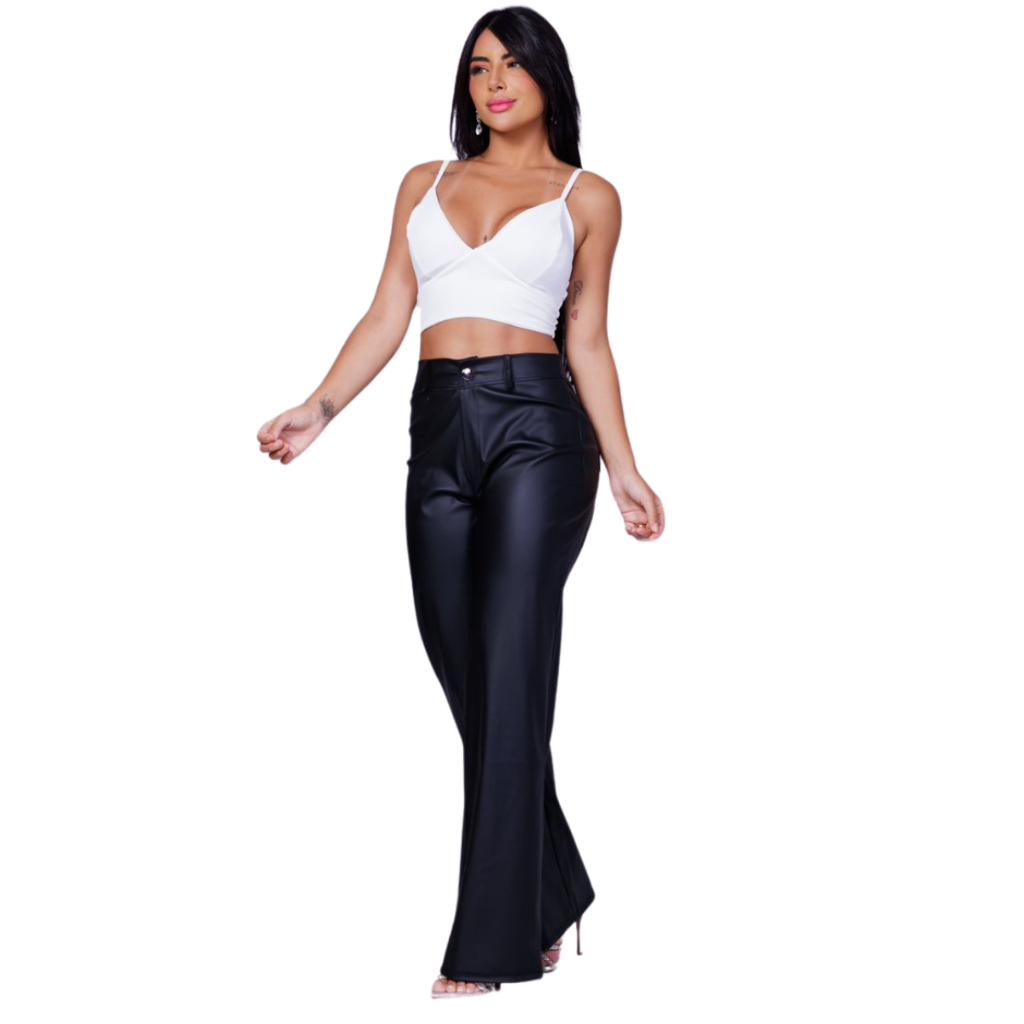 Calça feminina Couro Fake Wid Leg Tendência Luxo Balada Shopee Brasil