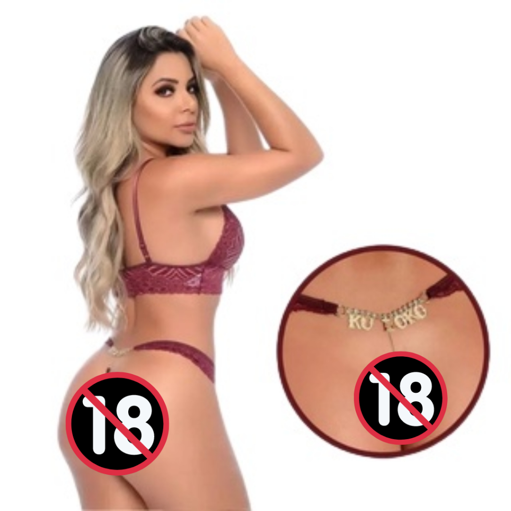 Conjunto lingerie sexy tanga calcinha de renda palavras eróticas