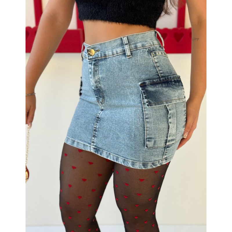 Saia Cargo Jeans Curta Levanta Bumbum Elastano Moda Ver O Blogueira