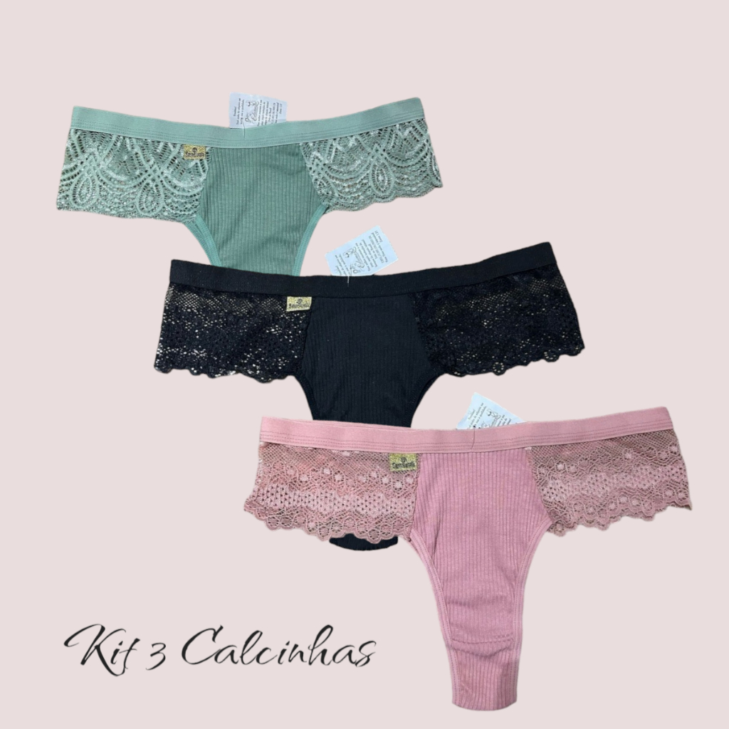 Kit 3 Calcinha Suede Canelado Renda Sensual Lingerie Rendada Moda Íntima Shopee Brasil