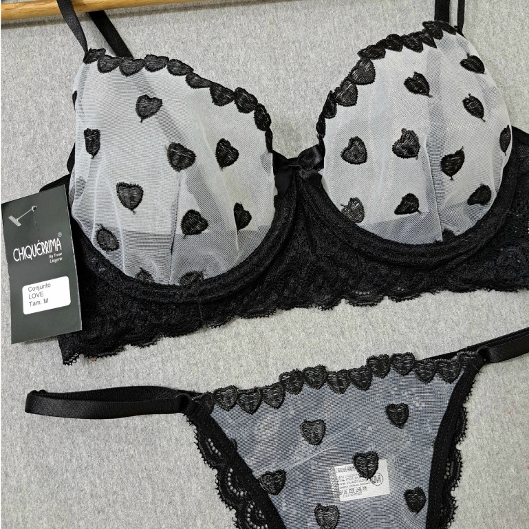 Conjunto Lingerie Sutiã Meia Taça Tule Bordado e Tanga Fio Shopee Brasil