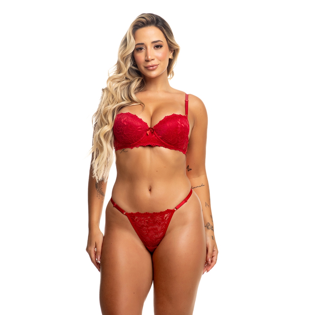 Conjunto Renda Lingerie Sutiã Reforçado Calcinha Fio Dental Moda