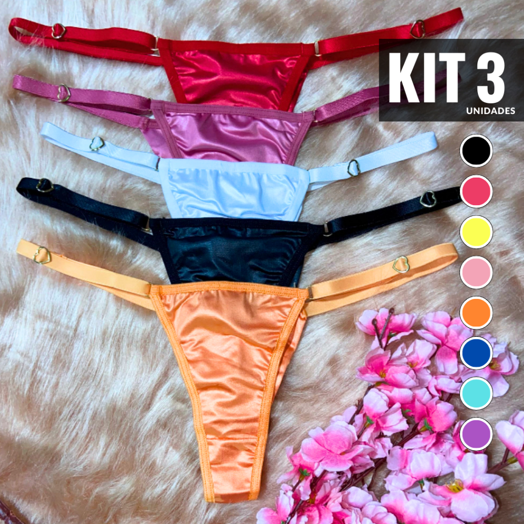 Kit 3 Calcinhas Love Fio Duplo Lingerie Feminino Cirrê Brilhoso Sensual