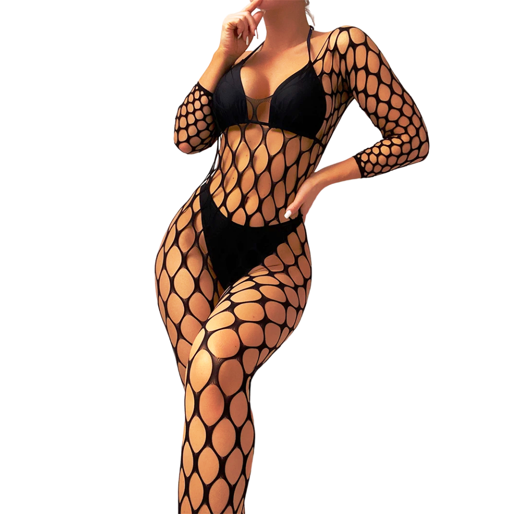Body Arrastão Lingerie Manga Longa Trama Larga Sensual Sexy dia dos