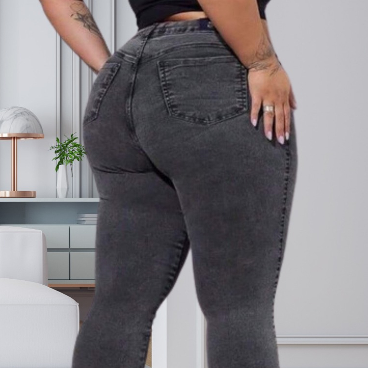 Calça Jeans Preta Marmorizada Plus Size Feminina Skinny Cós Alto