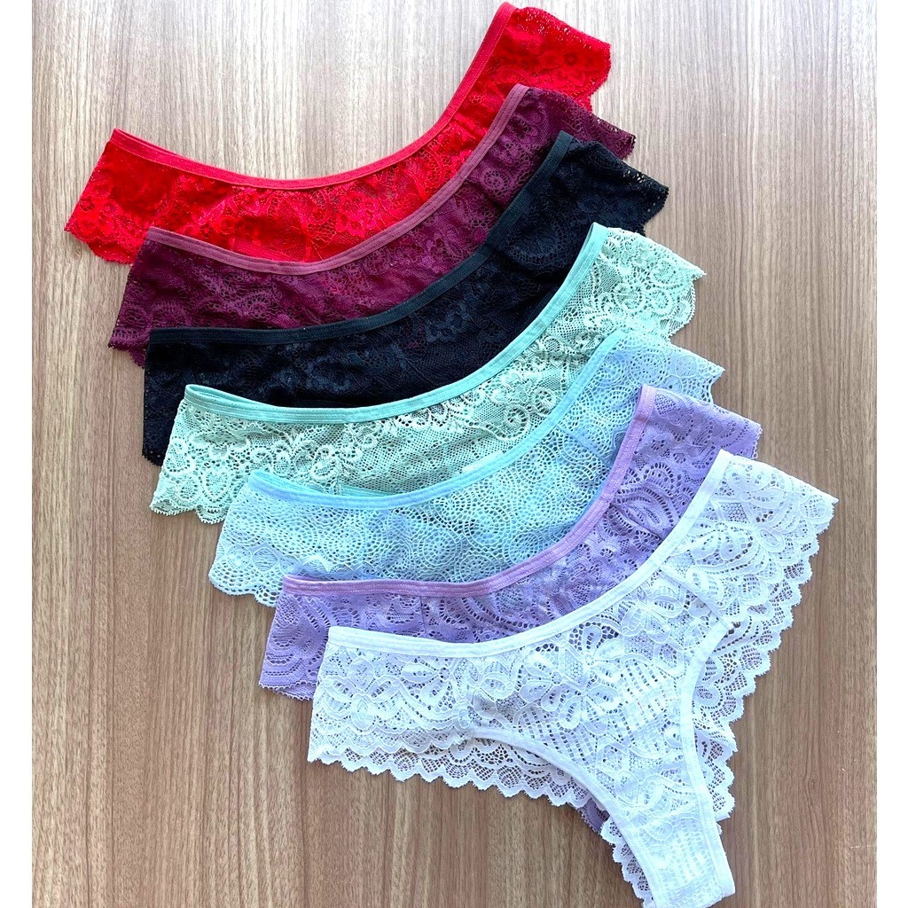 Kit 5 Calcinhas Rendada Fio Dental Sexy Lingerie Feminina Moda Intima