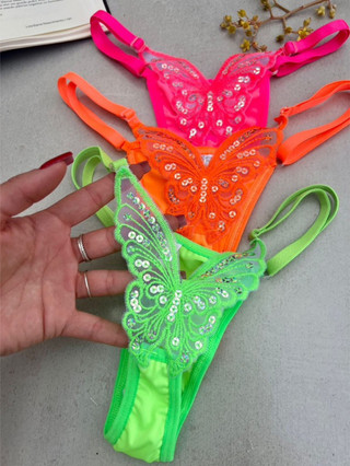 Kit 3 Calcinha Borboleta Fio Dental Sexy Neon Lingerie Tanga Feminina