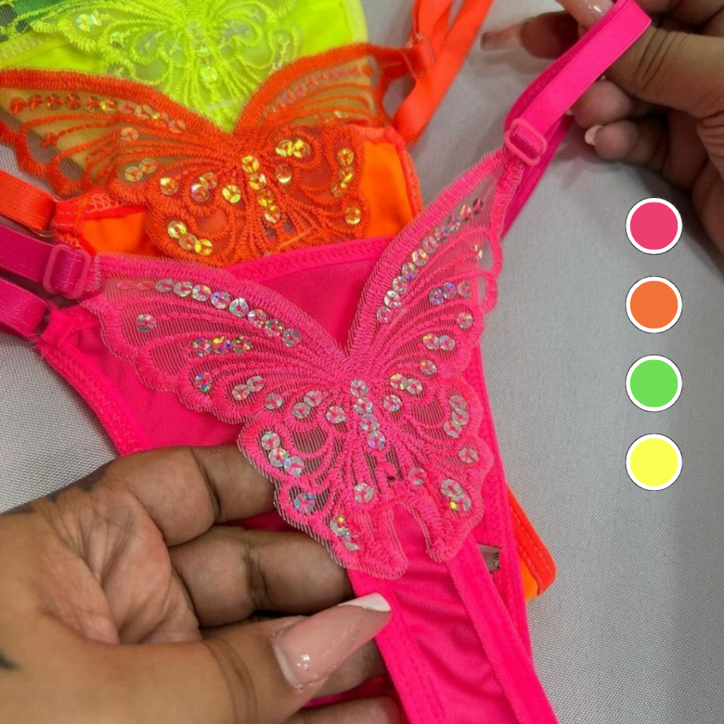 Calcinha Borboleta Fio Dental Sexy Neon Lingerie Tanga Feminina Sensual