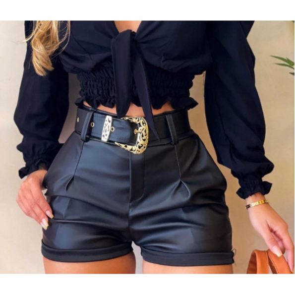 Shorts Feminino Em Couro Fake Cinto Fivela Preto Shopee Brasil