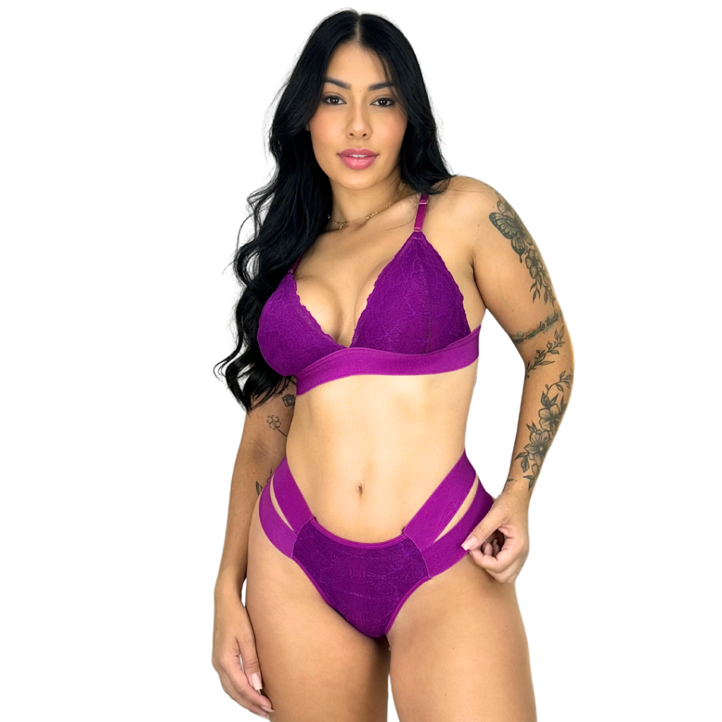 Conjunto Lingerie Felina Sexy Renda Sem Metal Moda Íntima Feminina
