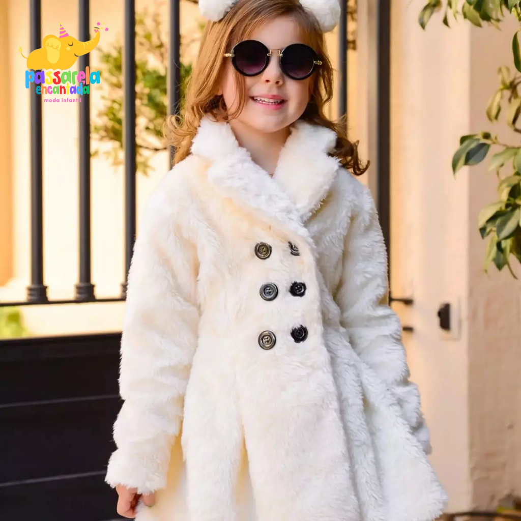 Sobretudo Casaco Infantil Menina Pelúcia Forrado Outono Inverno Branco Nude Preto e Marfim