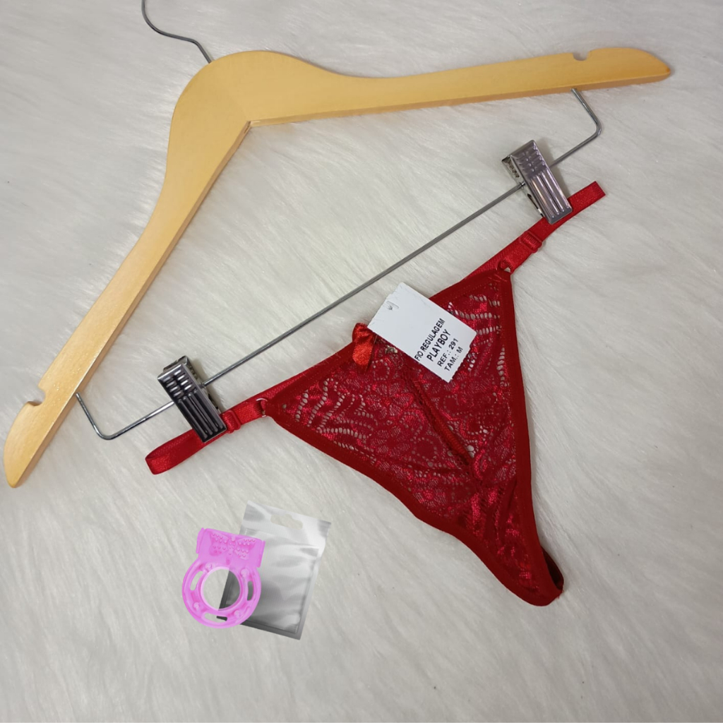 Calcinha Fio Dental Lingerie Sexy Renda Abertura Frontal Pingente