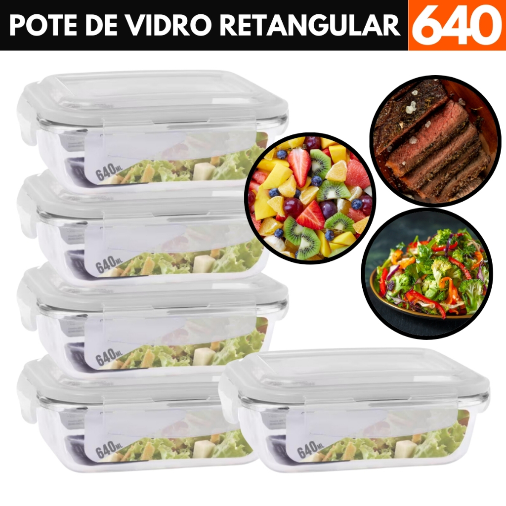 Conjunto 5 Potes 640ml Vidro Hermético 4 Travas Marmita Shopee Brasil