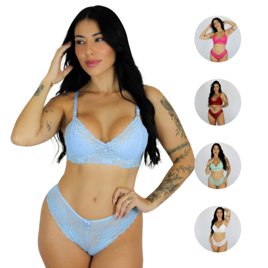 Kit 3 Conjunto de Calcinha e Sutiã Lingerie Sexy Confortável Renda Liz