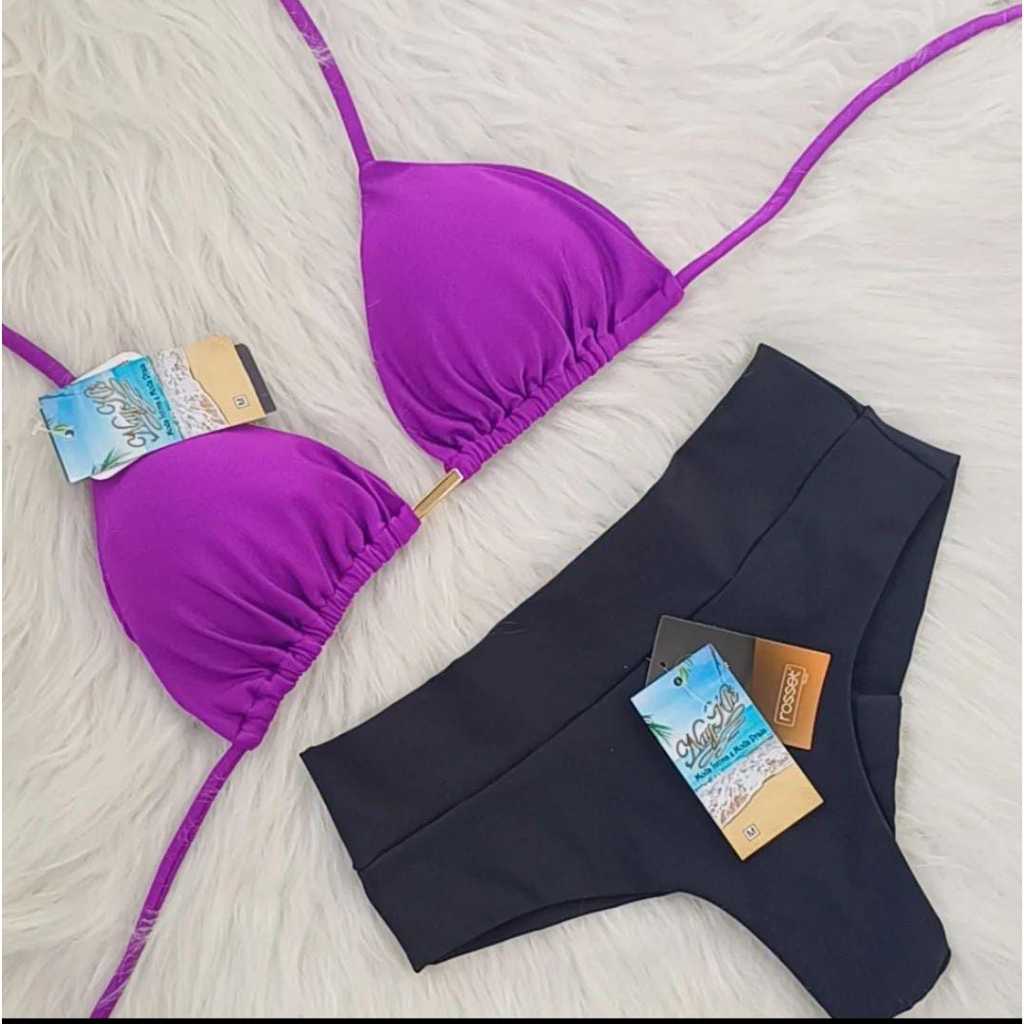 Conjunto Bíquini Cós alto Cortininha Calcinha Fio Duplo Hot pants